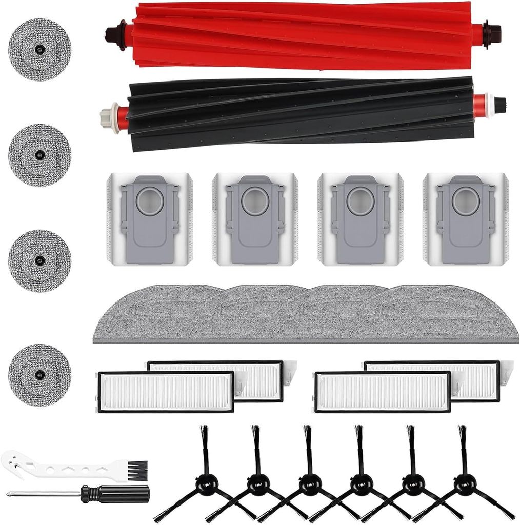 26 Stück Zubehör für Roborock S8 MaxV Ultra – 2 Hauptbürsten, 4 Staubbeutel, 4 HEPA-Filter, 6 Seitenbürsten, 4 Wischtücher, 1 Schraubend...