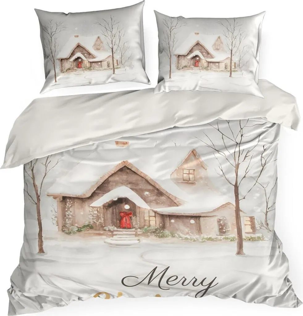 Linge de lit Noël 220x200 en coton blanc or - Motif cabane pour l'hiver