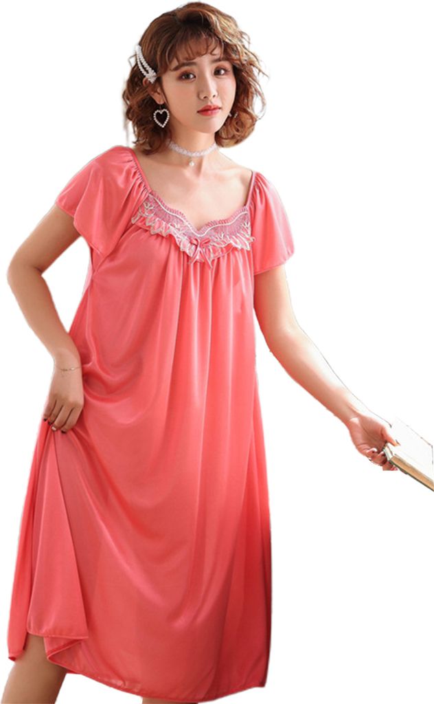 y Wome Breathable Oversized Kurzarm Midi Nachtkleid Nachtwäsche Pyjama||rot