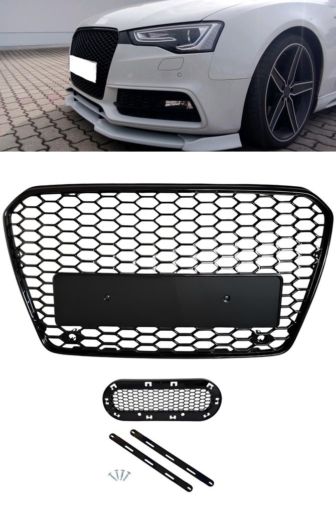Kühlergrill Waben + Emblem Halter SCHWARZ GLANZ für Audi A5 8T Facelift 12-16 – Produktansicht