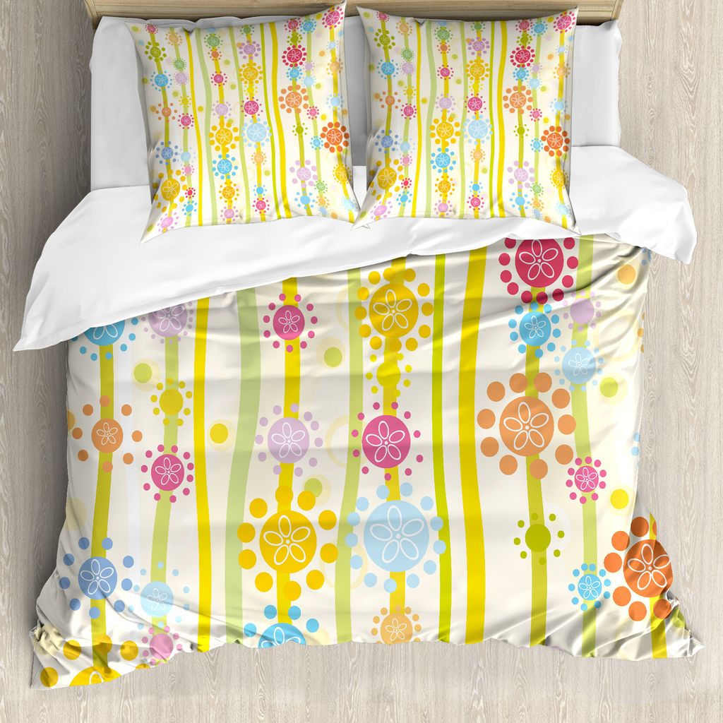 ABAKUHAUS Blumen Bettbezug, Bunte Cartoon-Stil, Milbensicher Allergiker geeignet mit Kissenbezügen, 200 cm x 200 cm - 80 x 80 cm, Mehrfarbig