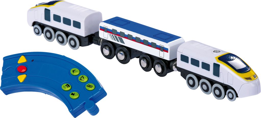 A toy train set with a remote control on a white background.