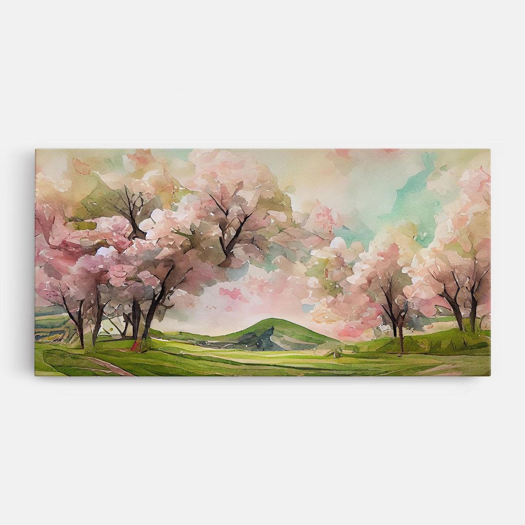 ARTHUB Leinwandbild 40x80 cm, Spring Pink Trees | Wohnzimmerdekoration, Hängende Bilder, Wanddekoration, Heimdekoration, Landschaften, Frühling