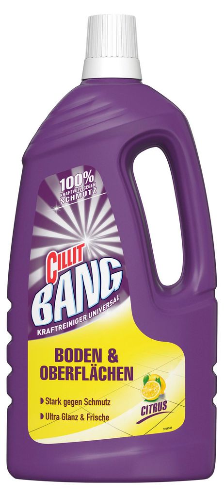 A purple bottle of Cillit Bang cleaner with a yellow label.
