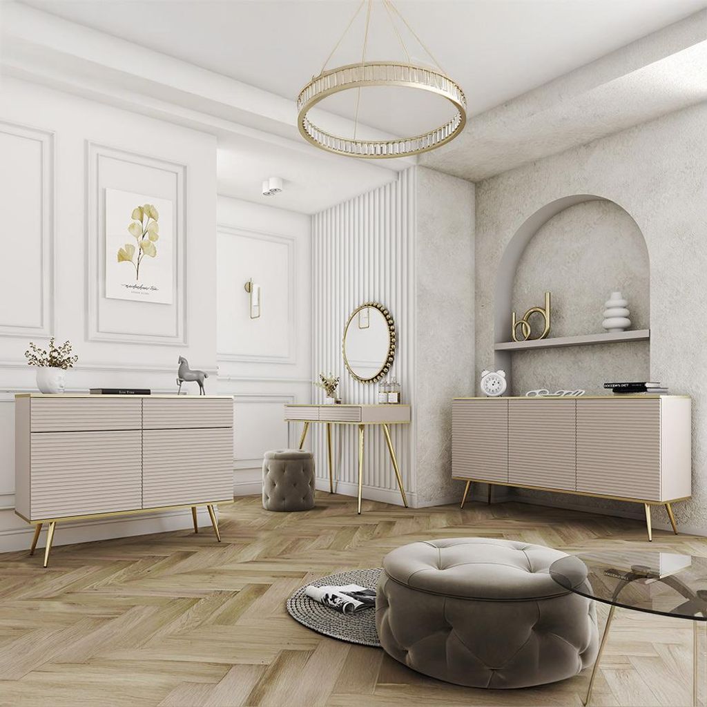 Wohnzimmer Set 3-teilig mit Sideboard & Schminktisch in Beige, Rillenfront & griffloses Design - OLOVO-160
