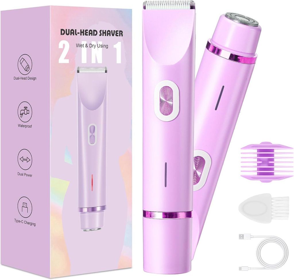 2-in-1 Doppelkopf Intimrasierer für Frauen mit USB-C-Laden,für Gesicht,Beine und Arme,Bikini Trimmer mit Wasserdichter Trimmerkopf, Leicht zu Rei...