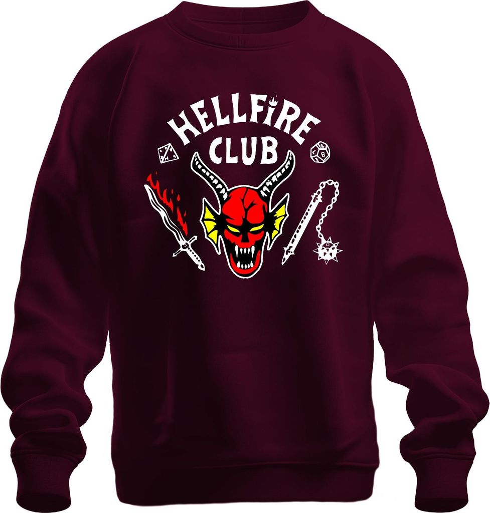 HELLFIRE CLUB Dämon Schädel Hörner D20 Flammenschwert Rollenspiel Uni Sweatshirt Pullover, Burgundy, M
