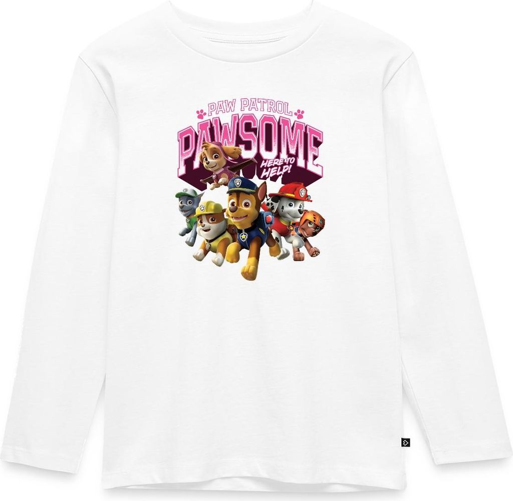 Spreadshirt Paw Patrol Pawsome Here To Help Spruch Rosa Kinder Premium Langarmshirt, 98/104 (2 Jahre), Weiß