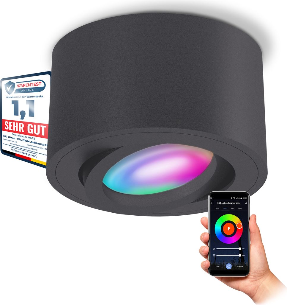 SSC-LUXon CELI-1N Aufbauspot anthrazit flach schwenkbar kompatibel mit Alexa, Siri & Google - Deckenspot mit Smart RGB+W LED Lampe