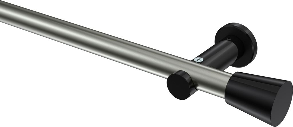 Interdeco Gardinenstange / Vorhangstange Edelstahl-Optik / Schwarz, Typ Platon Sitra (Konus) ohne Ringe, 20 mm Ø 1-läufig, 240 cm