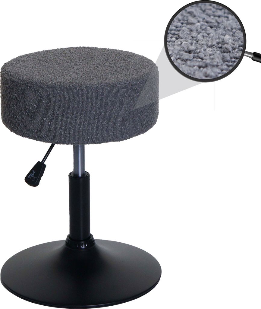Hocker HWC-C22, Sitzhocker Schminkhocker, höhenverstellbar drehbar Ø 37cm Stoff Bouclé (450g/m²) dunkelgrau