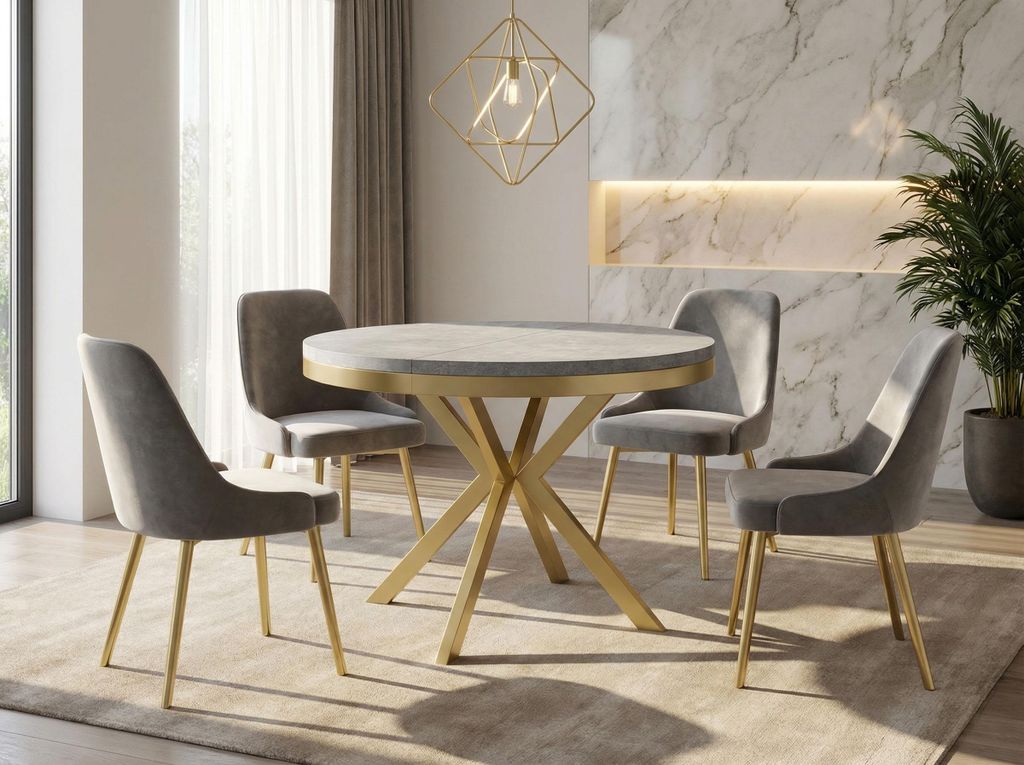Runder Ausziehbarer Esstisch - Loft Style Tisch mit Goldenen Metallbeinen - 90 bis 170 cm - Industrieller Tisch für Wohnzimmer - Kompakt - 90 cm -...