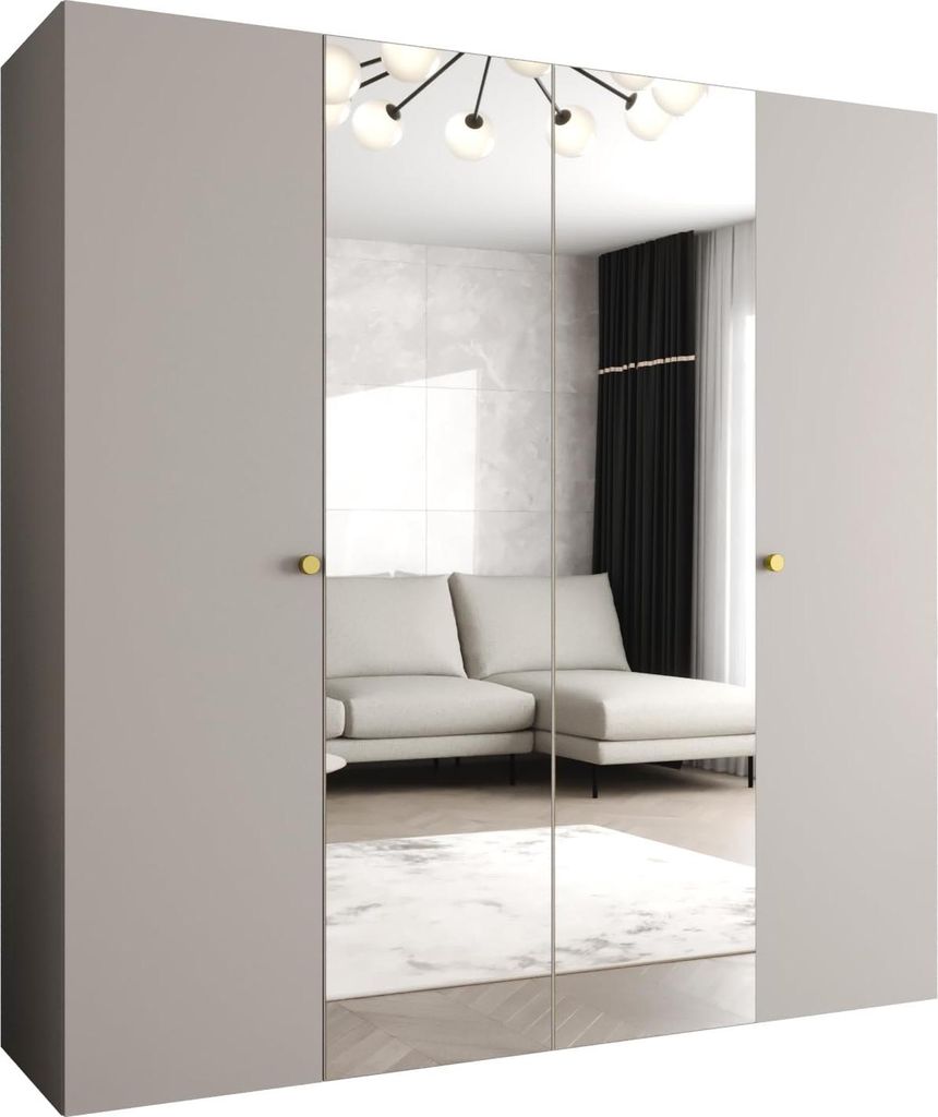 MEBLE KRYSPOL Schrank 200x202x52 cm mit Kleiderstange & Spiegel, 4xTür, PARMA, Kaschmir, Griff Gold