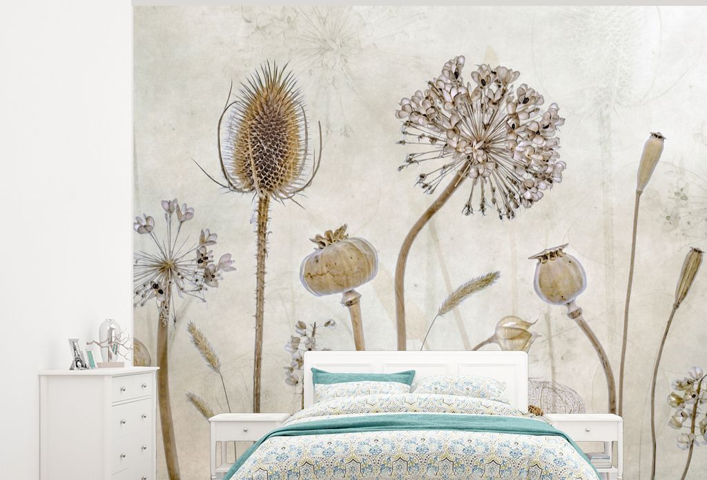MuchoWow Fototapete für Wohnzimmer oder Schlafzimmer Wandtapete Vinyl Motivtapete Blumen - Aquarell - Stilleben - Braun - Vintage - 300x240 cm -...