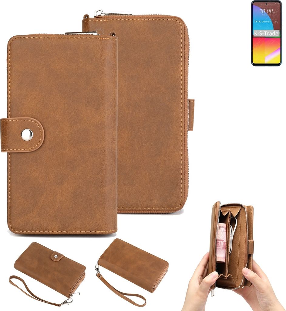 K-S-Trade Handyhülle Schutzhülle kompatibel mit HTC Desire 21 Pro & Portemonnee Tasche Handytasche Case Etui Geldbörse Wallet braun (1x)