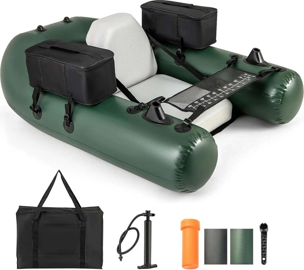 Aufblasbares Angelboot - Bellyboot/Float Tube - Rückenlehne - Pumpe & Gurte - Tragkraft 100 kg - 157×114×35 cm - Armygrün