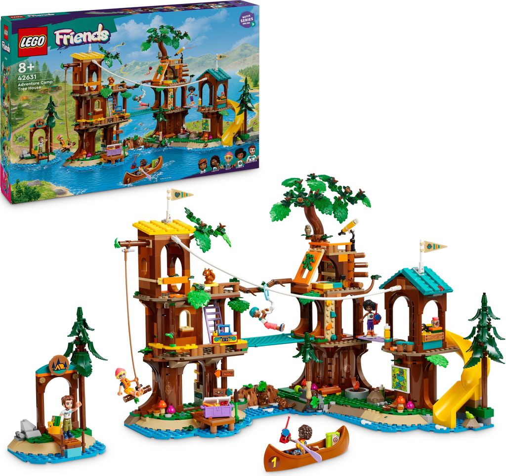 A LEGO Friends treehouse playset is shown, both in its box and assembled, with figures and accessories.