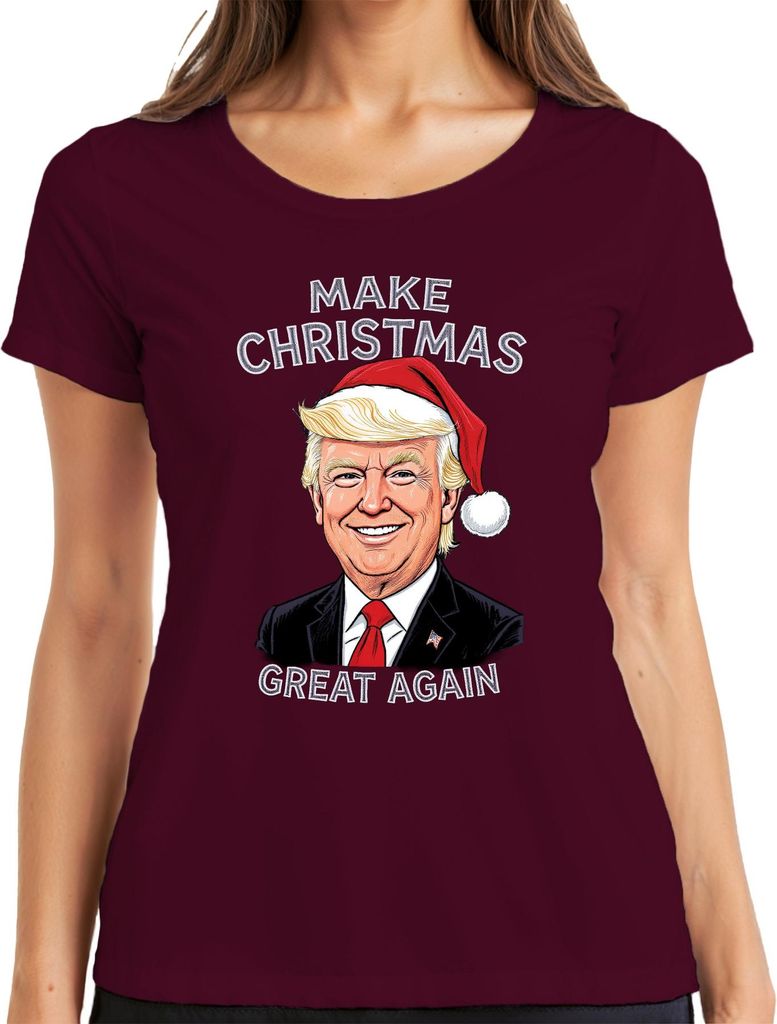 MAKE CHRISTMAS GREAT AGAIN Weihnachten Karikatur Patriotisch USA Damen T-Shirt, Burgundy, XXL