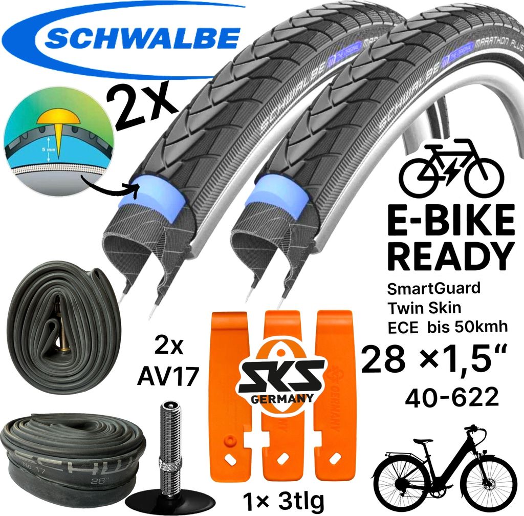2x Schwalbe Marathon Plus 28" x 1,5" (40-622) Reifen, SKS Reifenheber, Schläuche AV 17 Set