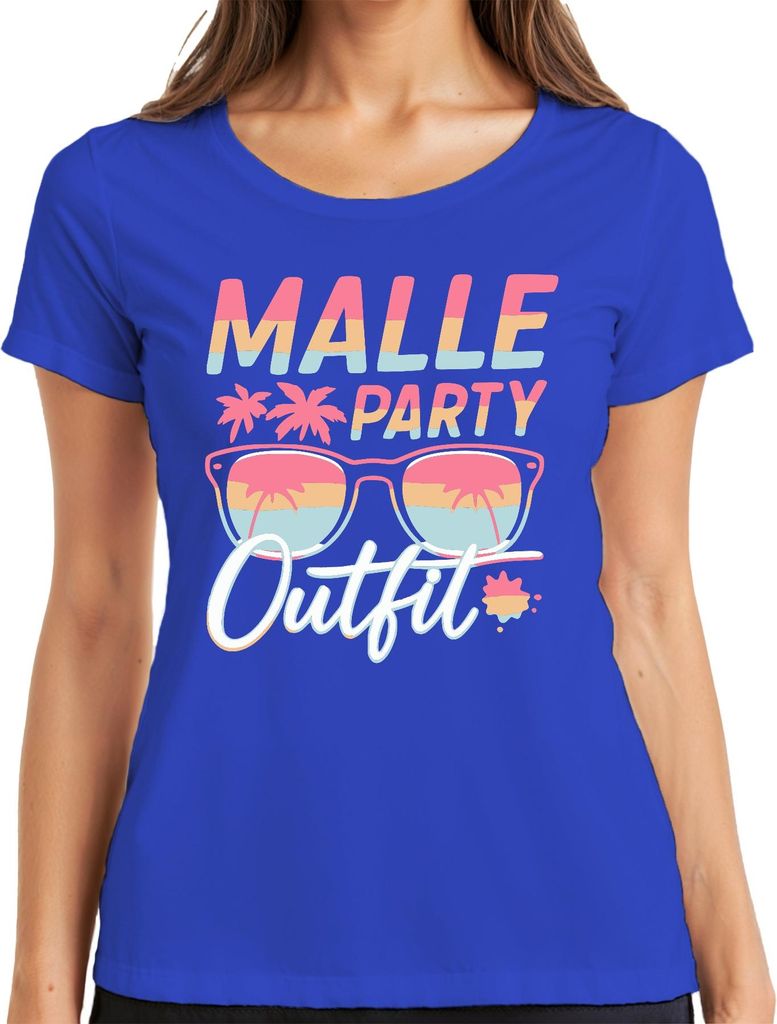 Malle Party Outfit Mallorca Sonnenbrille Palmen Strand Sommer Damen T-Shirt, Blau, M