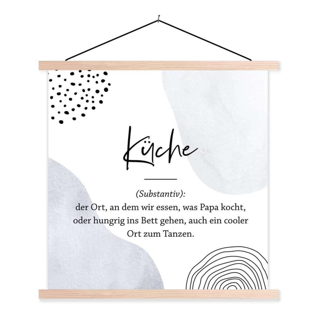 MuchoWow Textilposter Sprichwörter - Küche - Wörterbuch - Zitate - Definition Küche 120x120 cm mit holzfarbenen Rahmen - Textil-Poster