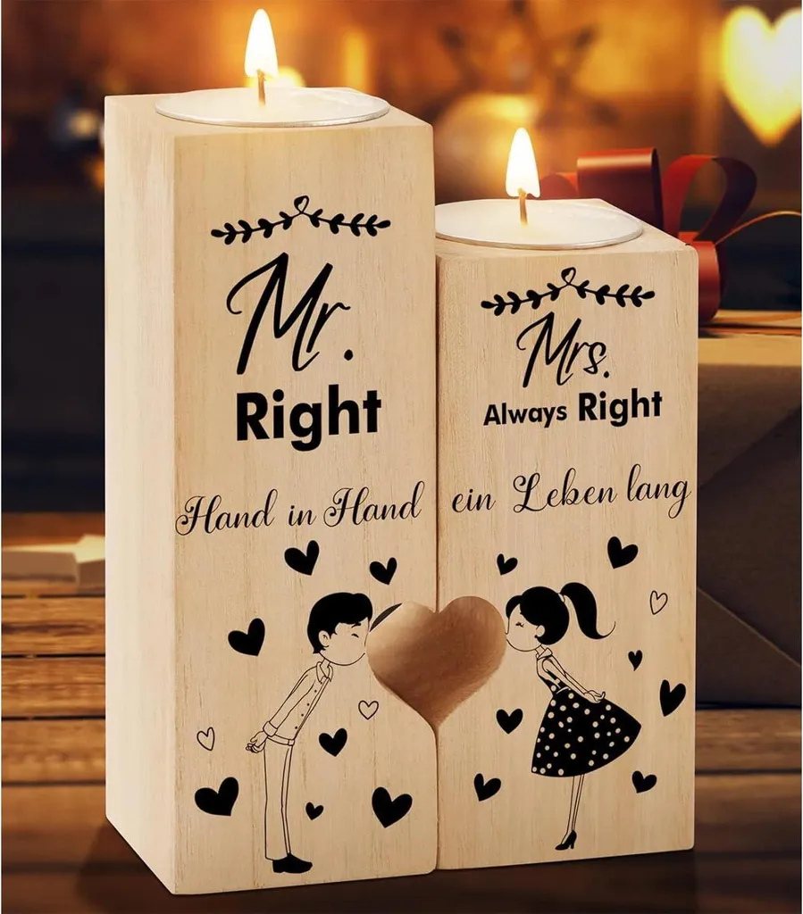 Bougeoir Double Cœur Personnalisé Mr & Mrs - Décoration de Mariage Chic