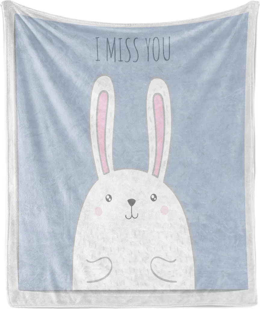 ABAKUHAUS Coperta in morbido pile di flanella con coniglio, tipografia romantica "I Miss You", soffice peluche per interni ed esterni, 125 x 175 cm, bianco, celeste, blu, rosa cipria