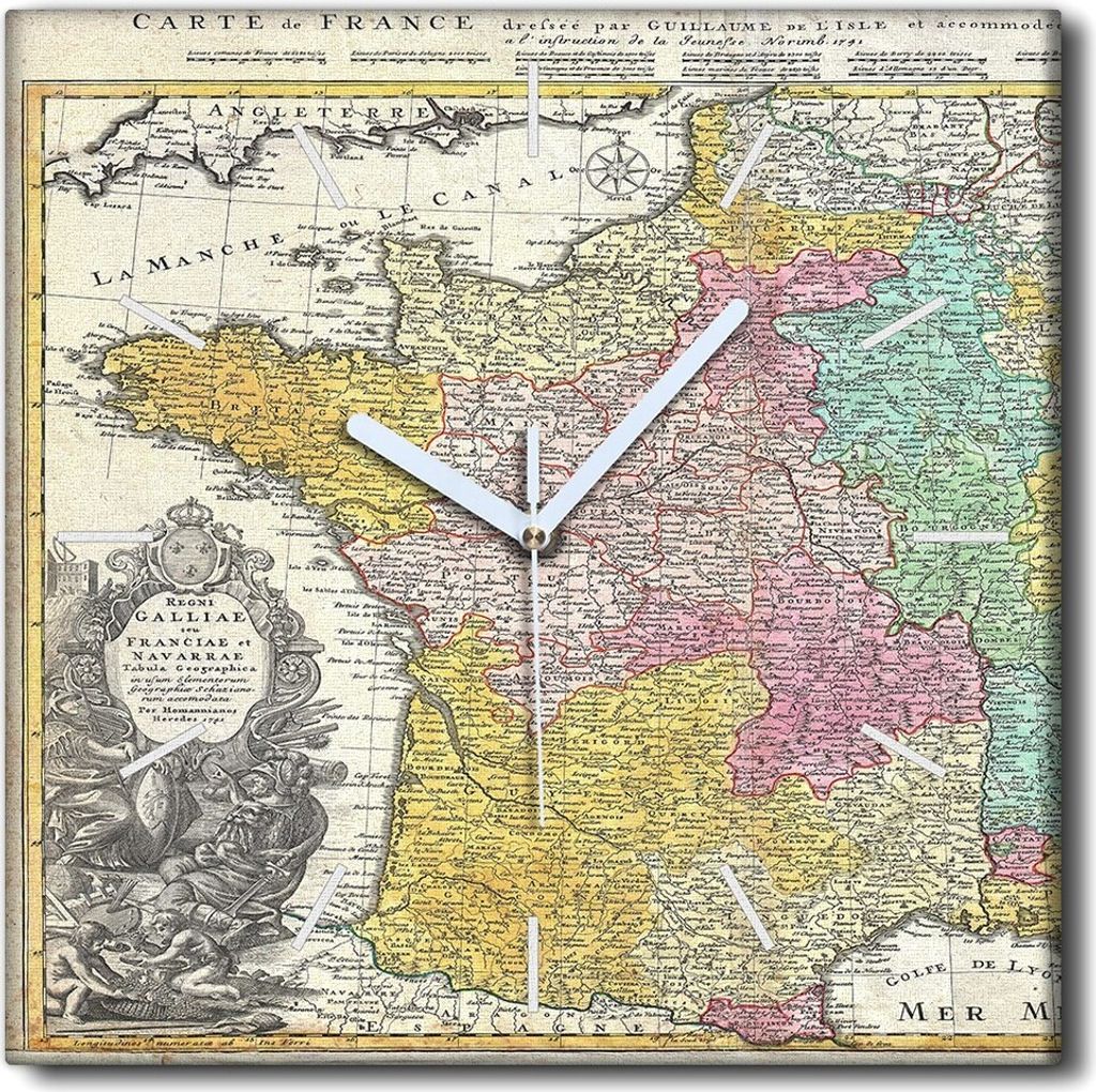 Coloray Uhr auf Leinwand 30x30 cm Wand Uhr Dekoration Wohnzimmer Segeltuch weiße Zeiger -Karte von Frankreich Vintage