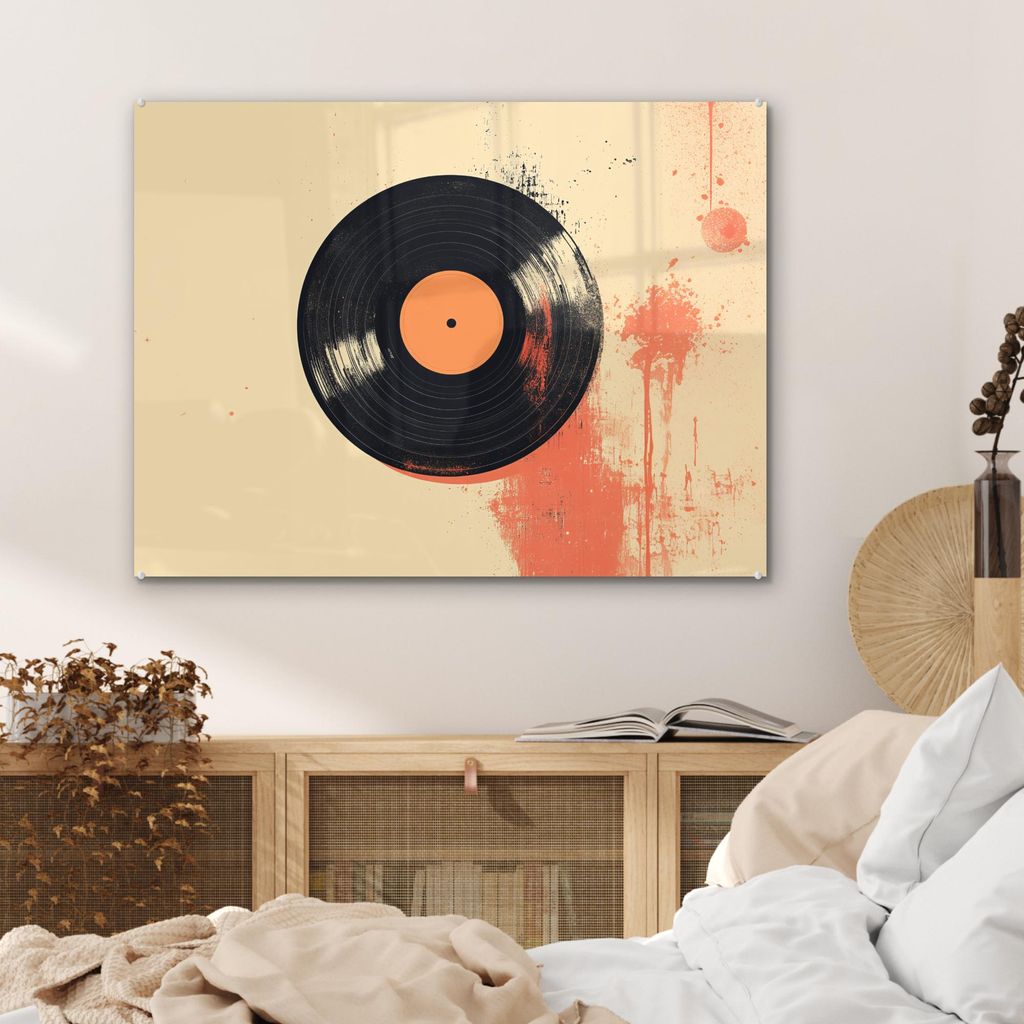 MuchoWow Glasbilder - Bilder auf Wandbild - Foto auf Glas Vinylplatte - Schwarz - Farbspritzer - Retro 80x60 cm Wanddekoration aus Glas - Acrylglas...