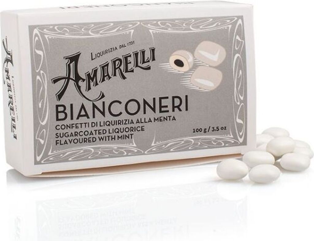 Amarelli Bianconeri, Lakritz mit Minzgeschmack und Produktbild 