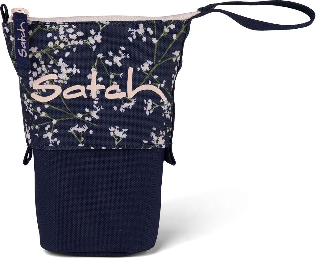A navy blue pencil case with a floral pattern and the brand name "Satch" printed on it.