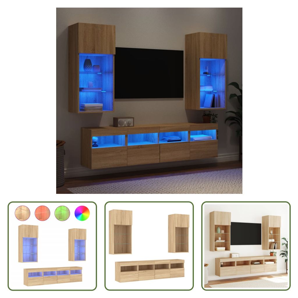 The Living Store 5-tlg. Wohnwand mit LED-Beleuchtung Sonoma-Eiche Holzwerkstoff