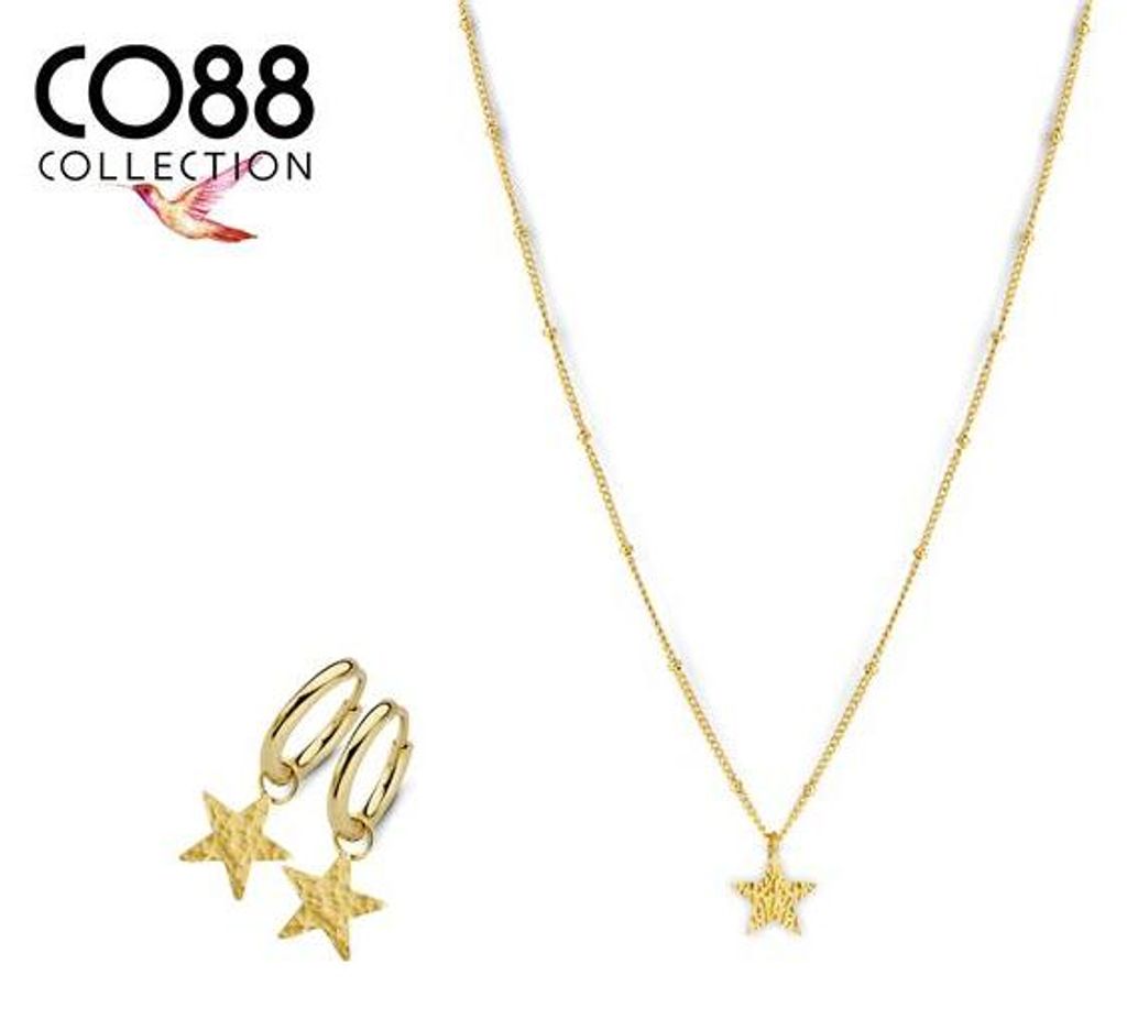 CO88 Collection 8CO-SET079 Schmuck-Set aus Stahl – Kette mit Anhänger – Ohrringe mit Anhänger – Stern – Bearbeitet – 11 mm – Panzerke...