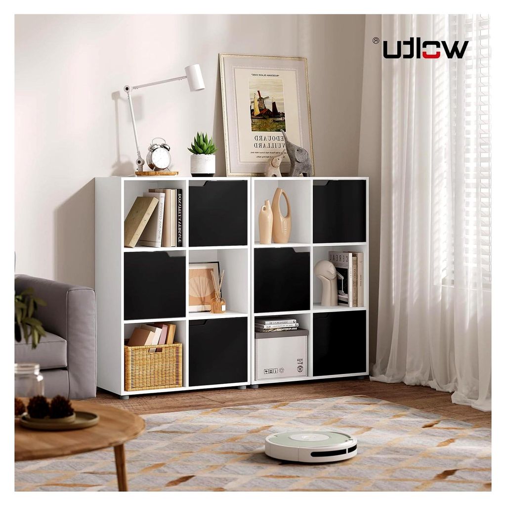 Bücherregal Bücherschrank Standregal Aufbewahrungsregal Raumteiler Büroregal Aktenschrank mit 3 Türen und 6 Fächern, 59,6x91x29 cm, Weiß+Schwarz