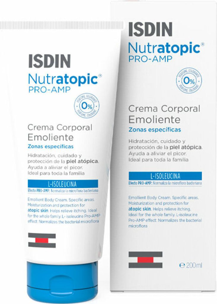 A product shot of Isdin Nutratopic Pro-Amp Emollient Body Cream and its packaging.
