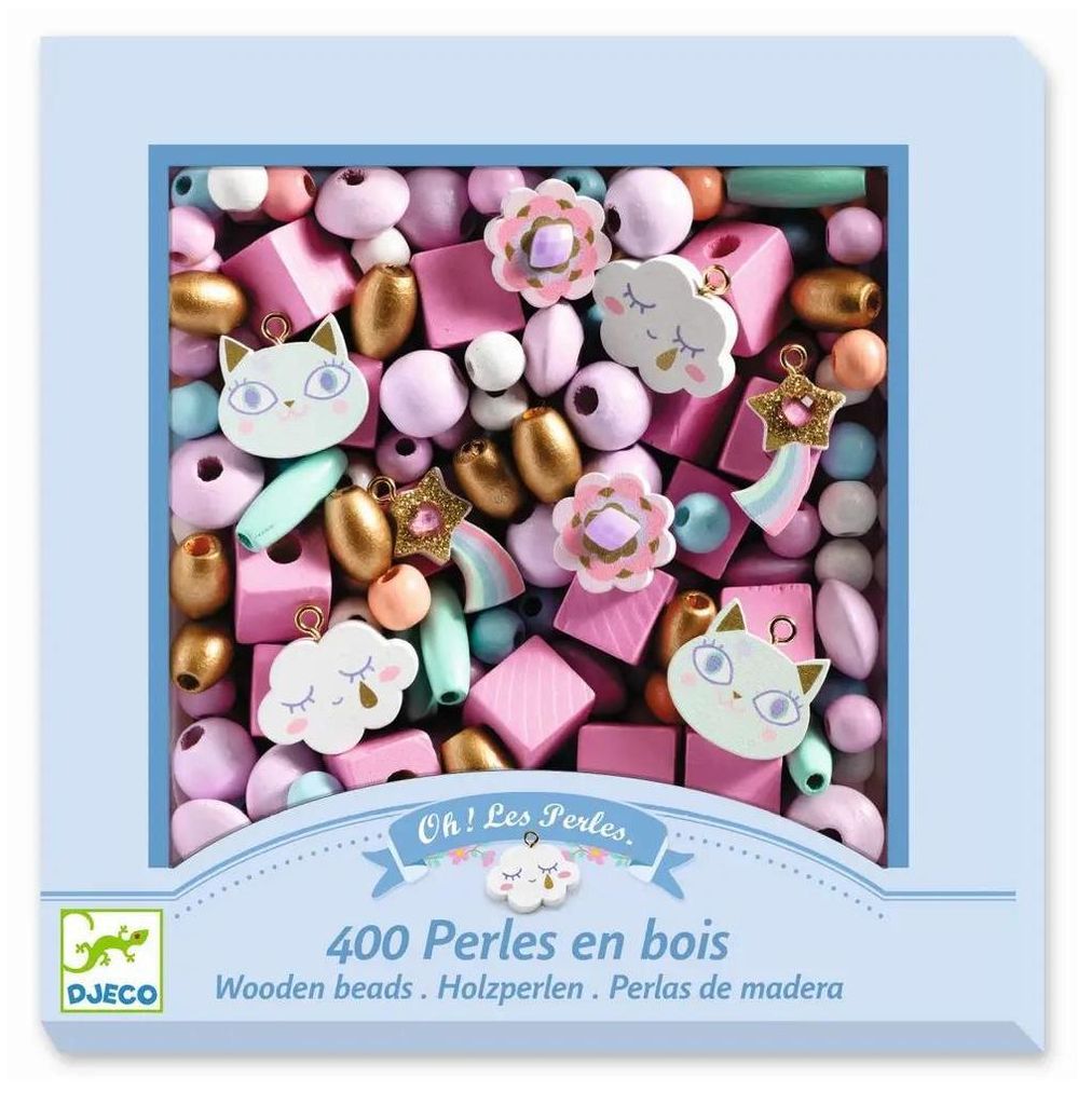 A box of wooden beads for crafting, featuring various shapes and colors, with a playful design.