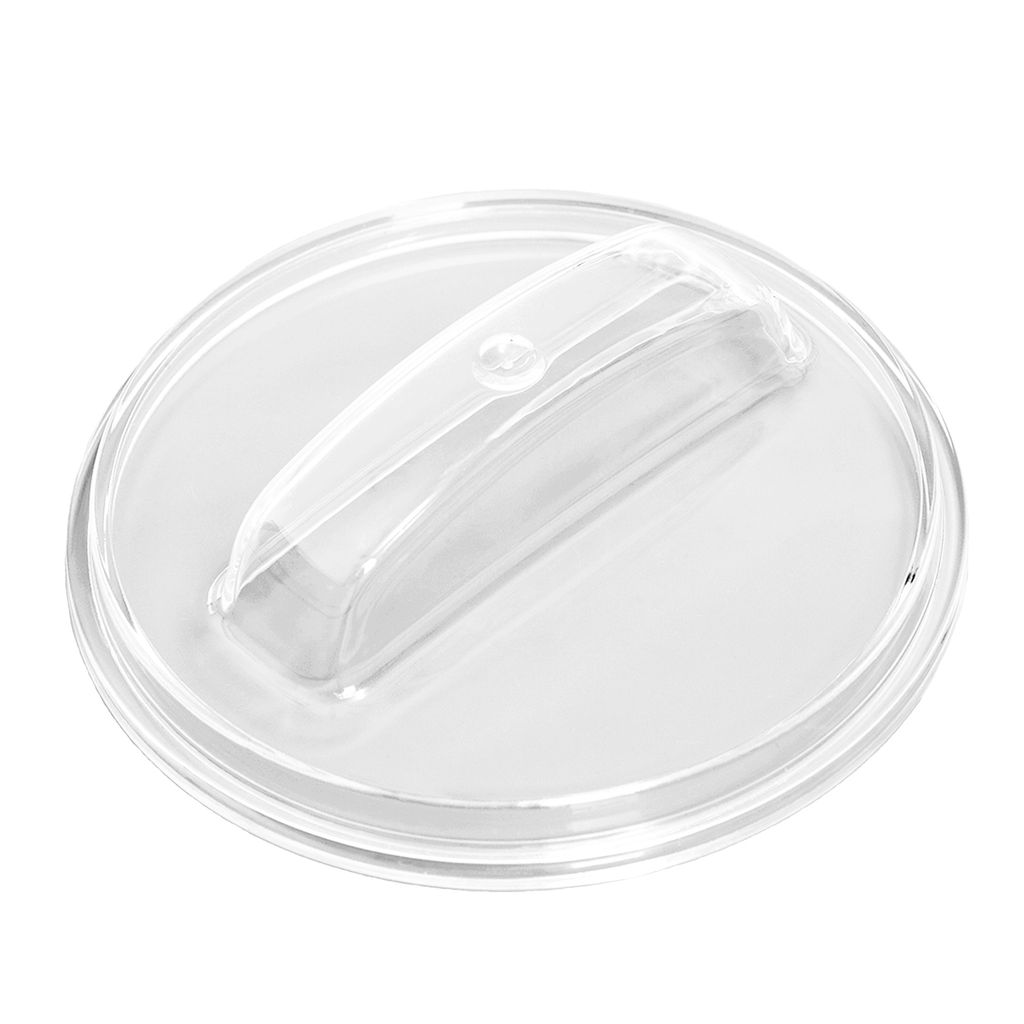 A clear plastic lid with a handle on a white background.