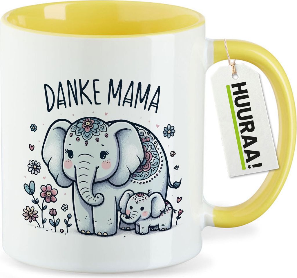 Huuraa Kaffeetasse Danke Mama Elefanten 330ml Gelb Keramik Kaffeebecher Geschenkidee