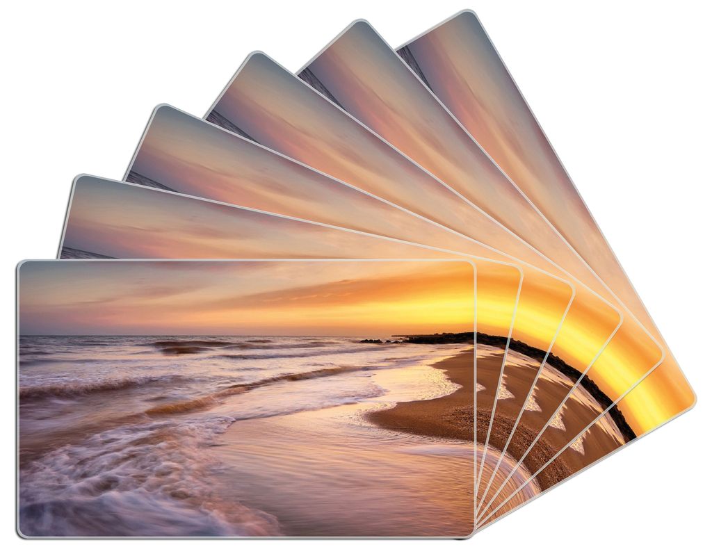 Wallario Frühstücksbrettchen 6er Set aus Glas, je 14 x 23 cm, mit rutschfesten Füßen, Motiv Sonnenuntergang am Strand - Abendspaziergang