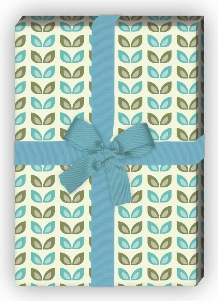 70er Jahre Retro Geschenkpapier mit Vintage Blättern, türkis - G8538, 32 x 48cm
