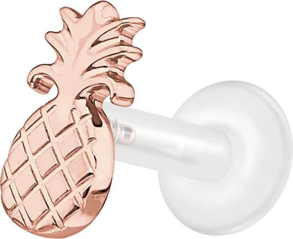Ohrpiercing, Nasenpiercing PTFE Labret mit Innengewinde + Titan-Aufsatz ANANAS RoséGold Stablänge: 7mm | Stabstärke: 1,6mm