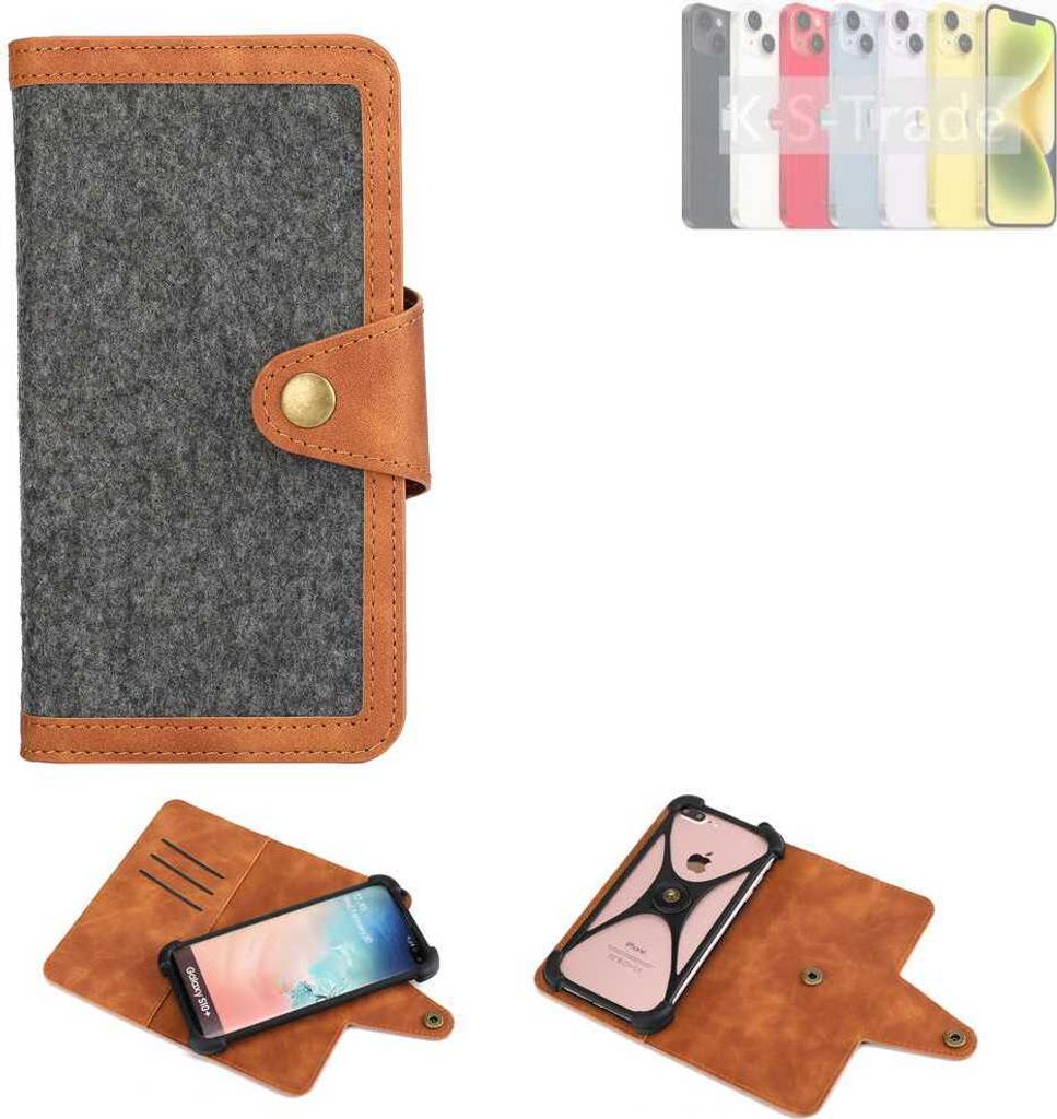 K-S-Trade Schutzhülle Handyhülle kompatibel mit Apple iPhone 15 Plus Filz Hülle Kunst-Leder dunkelgrau braun (1x)