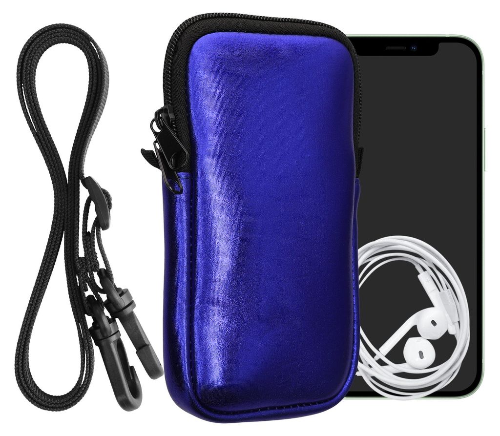 kwmobile Handytasche für Smartphones XL - 6,7/6,8" - Neopren Handy Hülle Metallic Dunkelblau mit Kordel - Handy Tasche mit Handykette 17,2 x 8,4 cm