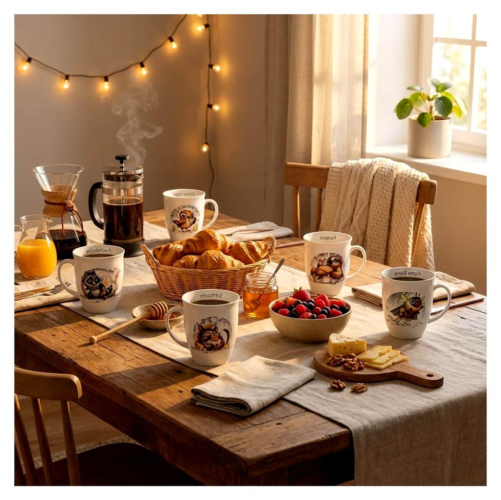 6-teiliges Tassen-Set mit Tiermotiven Fuchs, Waschbär, Faultier, Biene, Vogel und Maus aus Porzellan, hergestellt in Deutschland