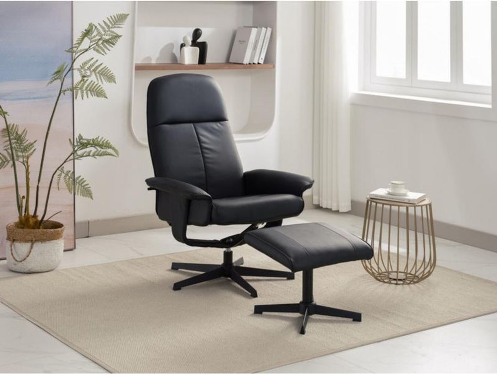 Happy Home Relaxsessel mit Hocker verstellbar 360 Grad drehbar ergonomischer Fernsehsessel bis 136 kg belastbar schwarz Wohnzimmer