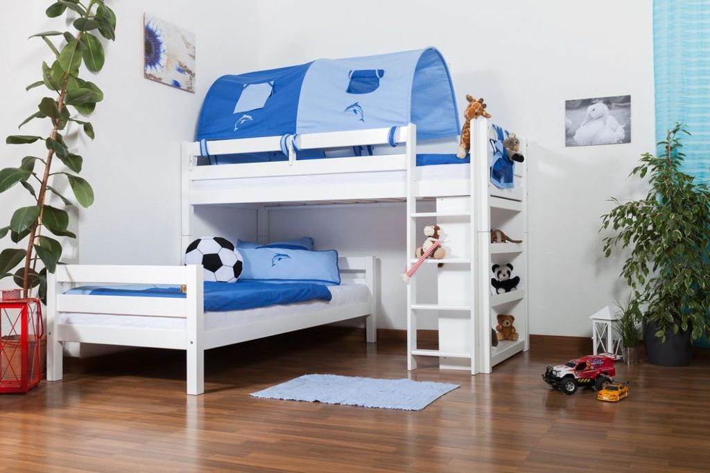 Kinderbett Etagenbett Moritz L Buche Vollholz massiv weiß lackiert mit Regal, inkl. Rollrost - 90 x 200 cm, teilbar