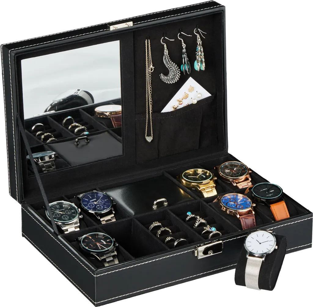 Relaxdays Boîte à montres noire pour 8 montres avec vitre en verre