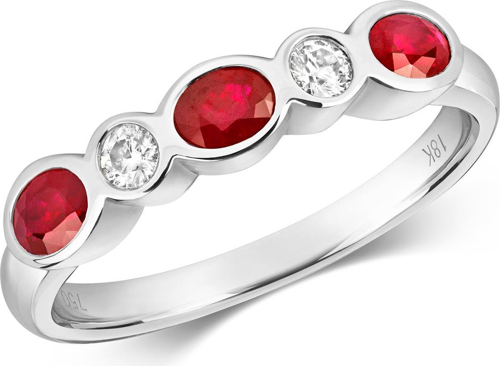 18 Karat (750) Weißgold 5 Steine Diamant Damenring Brillant-Schliff 0.11 Karat HI - SI mit Rubin, 53 (16.9); TRS11143RSM