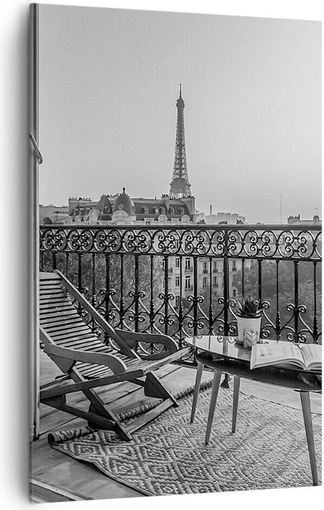 Bild auf Leinwand - Leinwandbild - Einteilig - Schwarzweiß Paris Balkon - 80x120cm - Wand Bild - Wanddeko - Wandbilder - Leinwanddruck - Wanddekor...