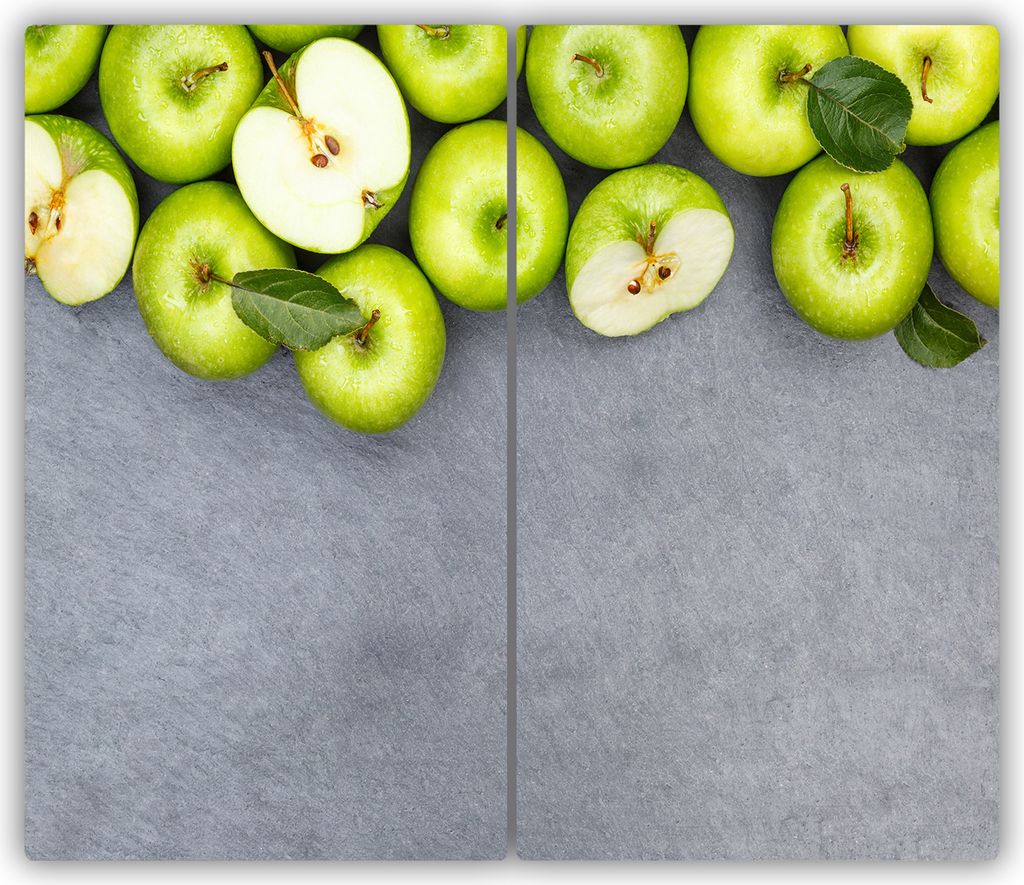 Tulup Glas-Herdabdeckplatte - 2x30x52cm - Glaskeramikkochfeld-Abdeckung Spritzschutz Zweiteilig Grüne Äpfel